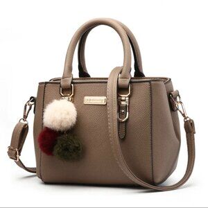 Chic Khaki Cream Satchel with Pom-Pom Charms